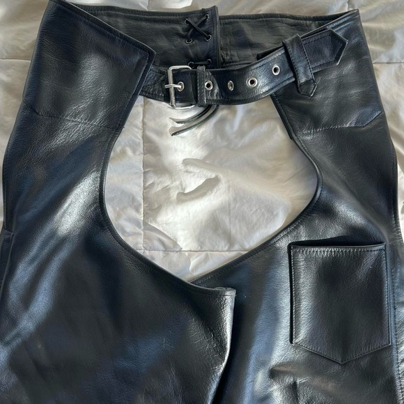 VINTAGE 80s/90s BLACK GENUINE LEATHER CHAPS Leather Moto Pants Biker Y2K Size-XL - Picture 9 of 10